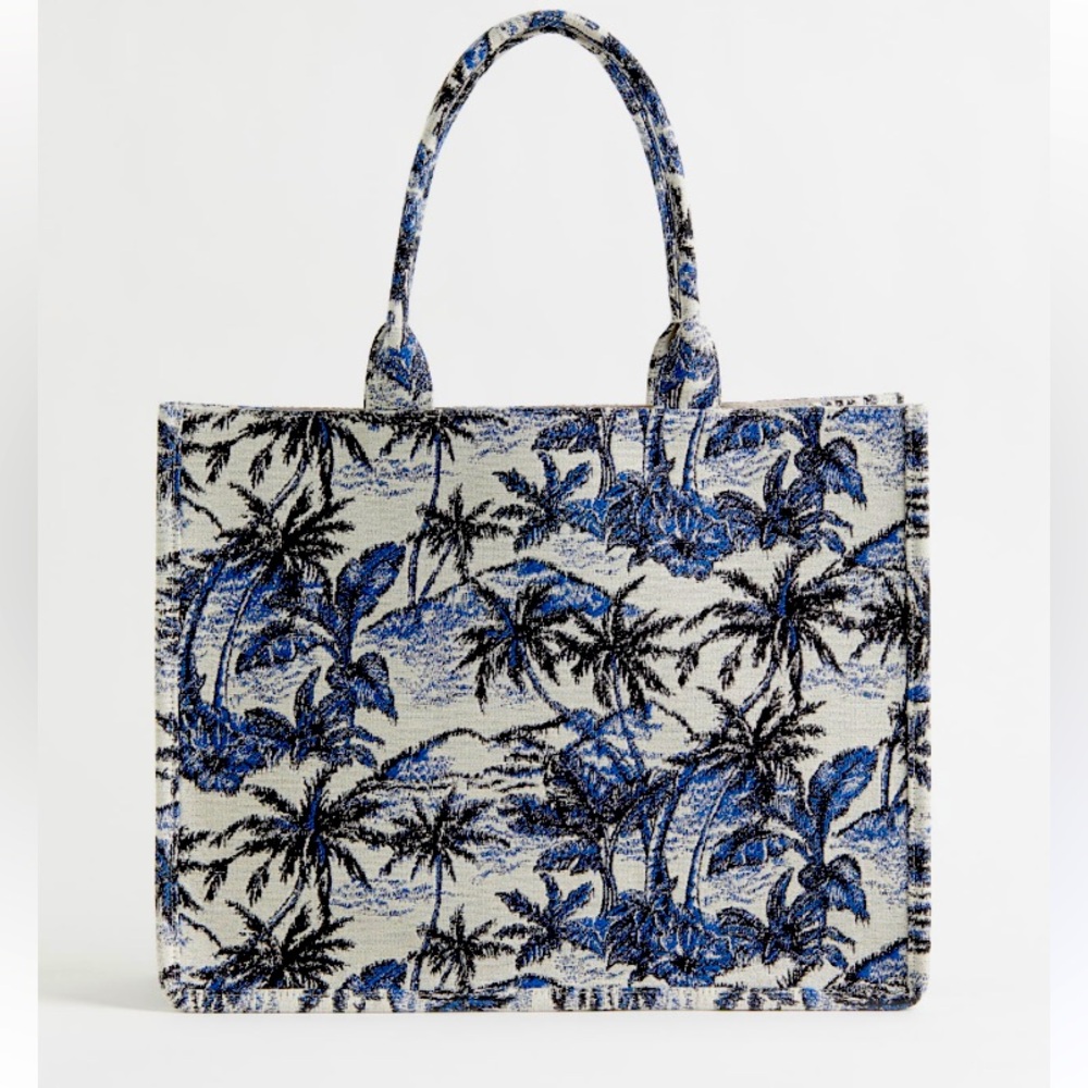 H&M Blue, Black and White Tropical Print Tote Bag